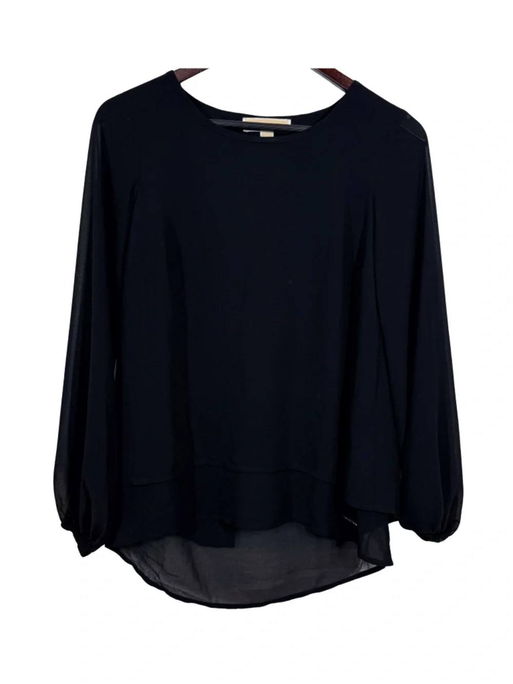 Michael Kors Women's Black Sheer Blouse XS Long Bishop Sleeve Layered Hem